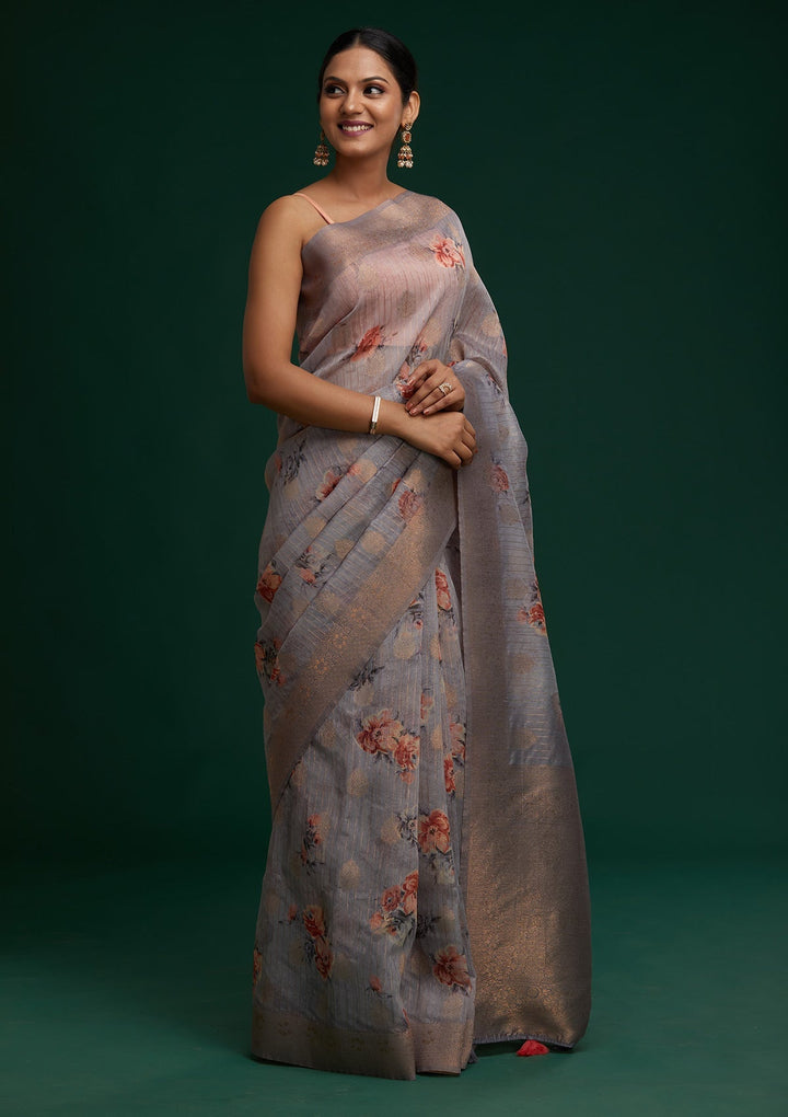 Light Grey Zariwork Taffeta Silk Saree - Koskii