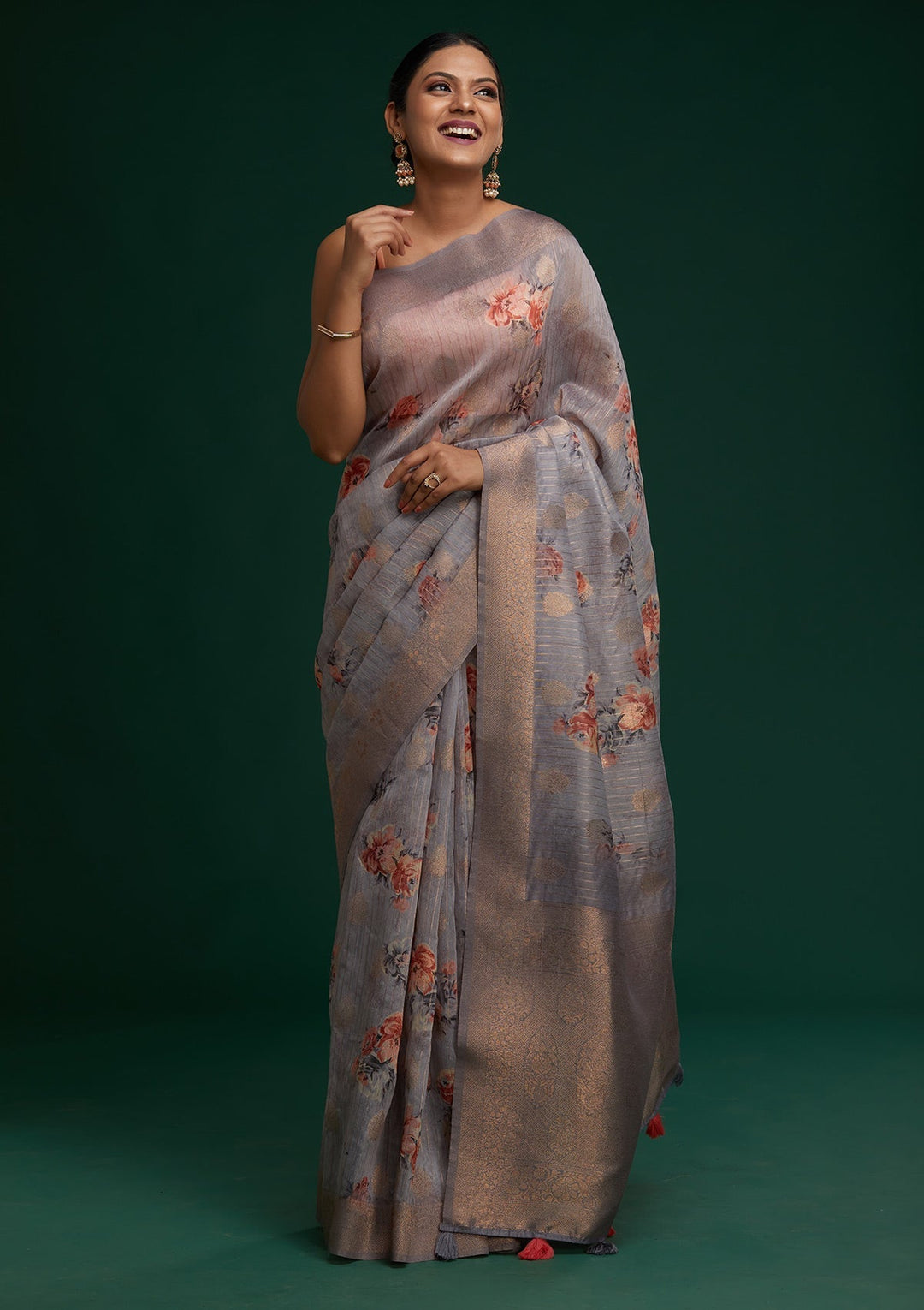 Light Grey Zariwork Taffeta Silk Saree - Koskii