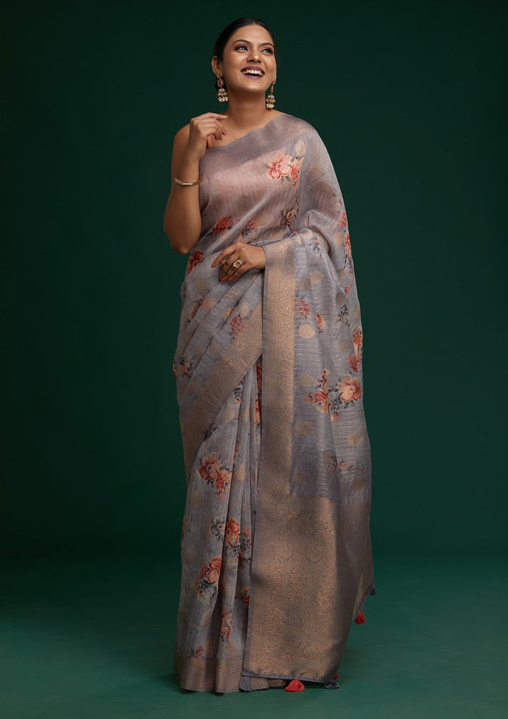 Light Grey Zariwork Taffeta Silk Saree - Koskii