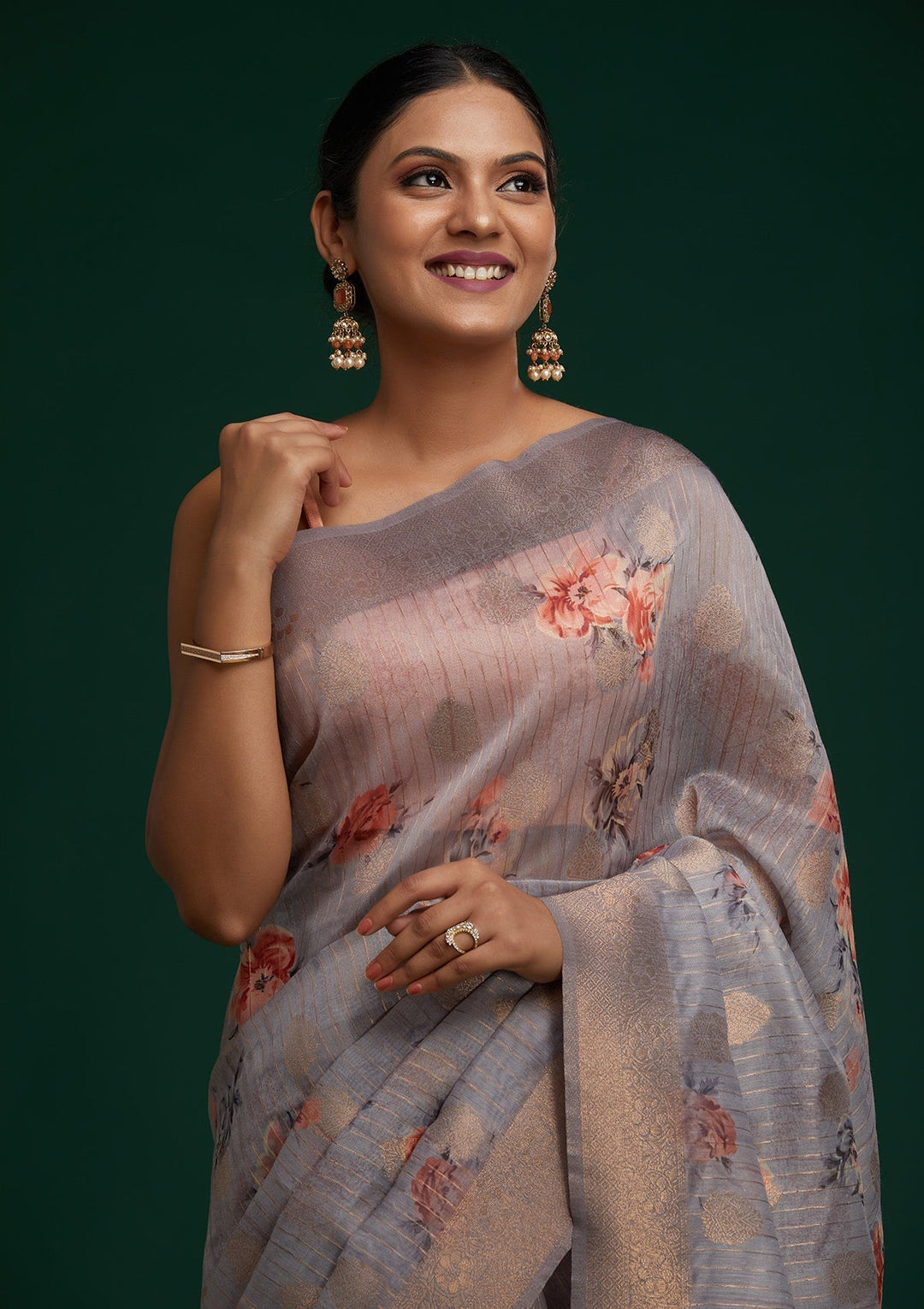 Light Grey Zariwork Taffeta Silk Saree - Koskii