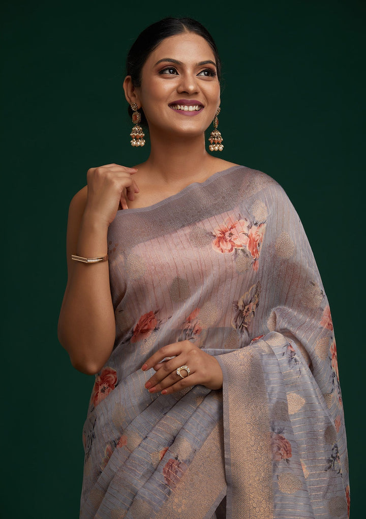 Light Grey Zariwork Taffeta Silk Saree - Koskii