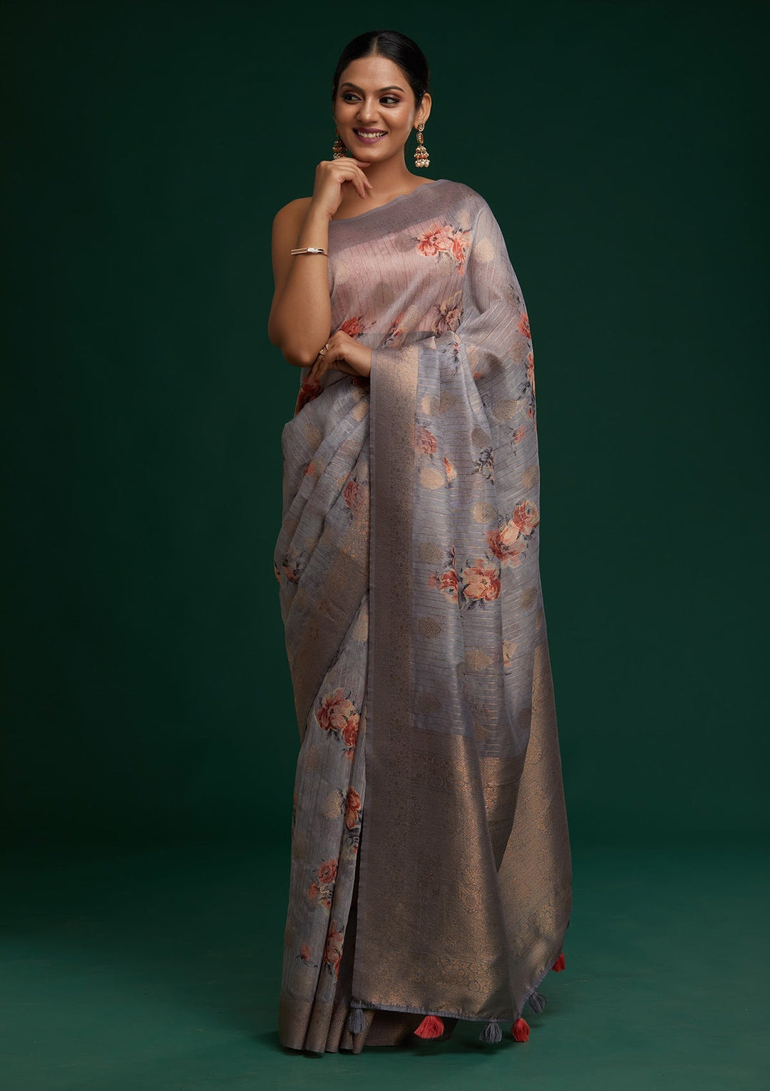 Light Grey Zariwork Taffeta Silk Saree - Koskii