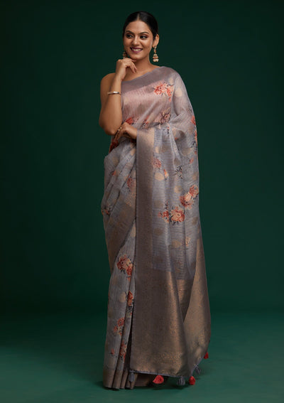 Light Grey Zariwork Taffeta Silk Saree - Koskii