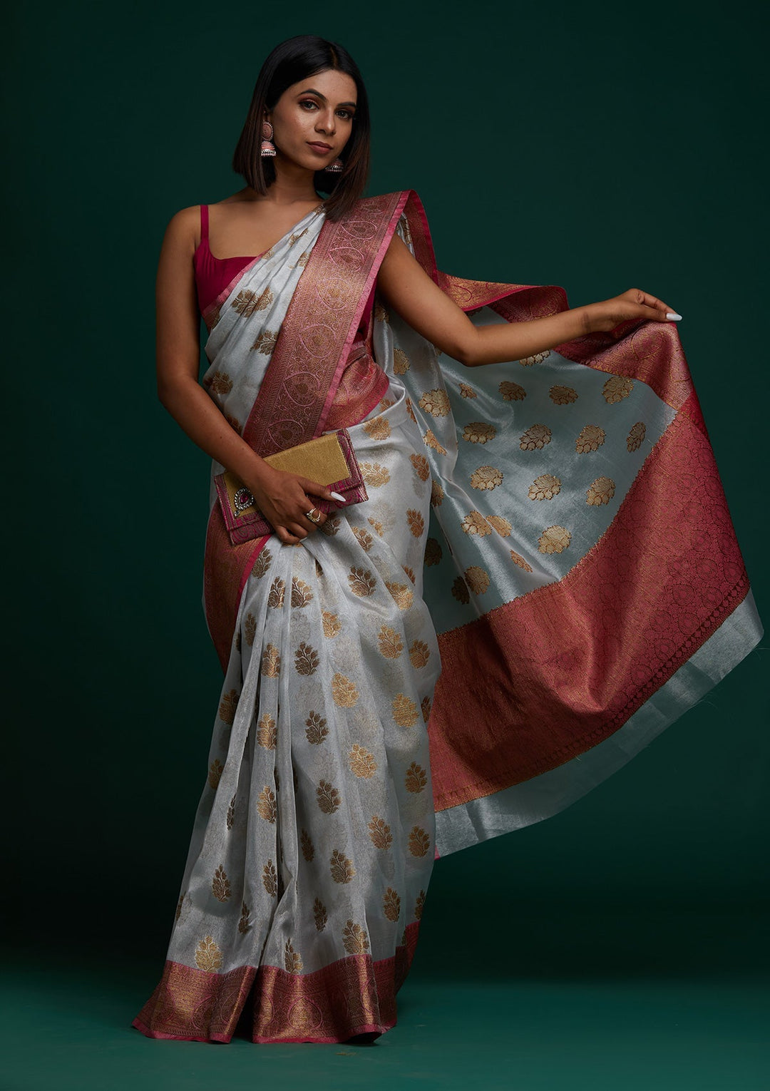 Light Grey Zariwork Tissue Saree- Koskii