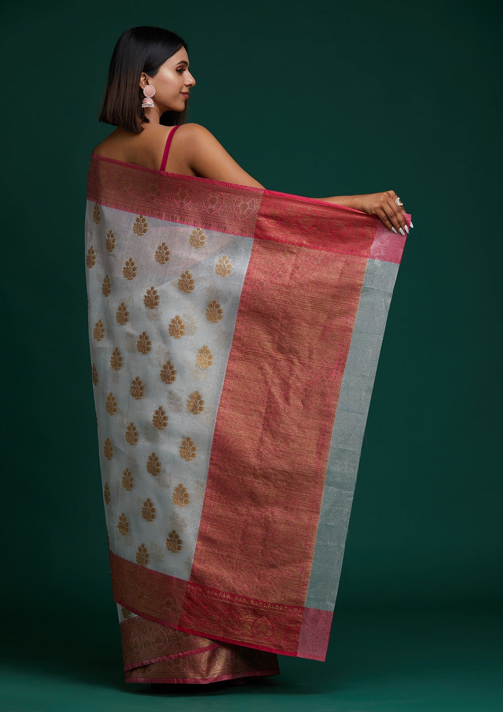 Light Grey Zariwork Tissue Saree - Koskii