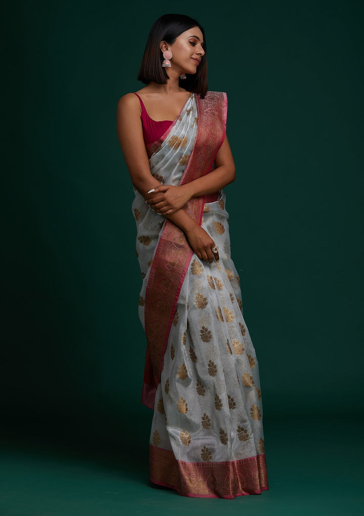 Light Grey Zariwork Tissue Saree - Koskii