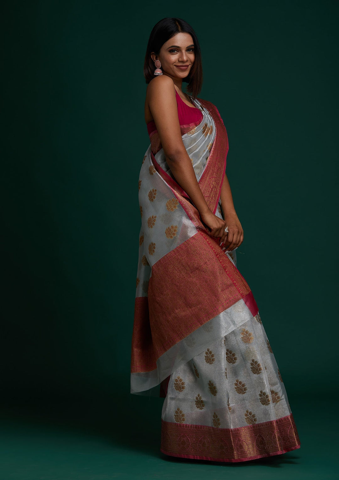 Light Grey Zariwork Tissue Saree - Koskii