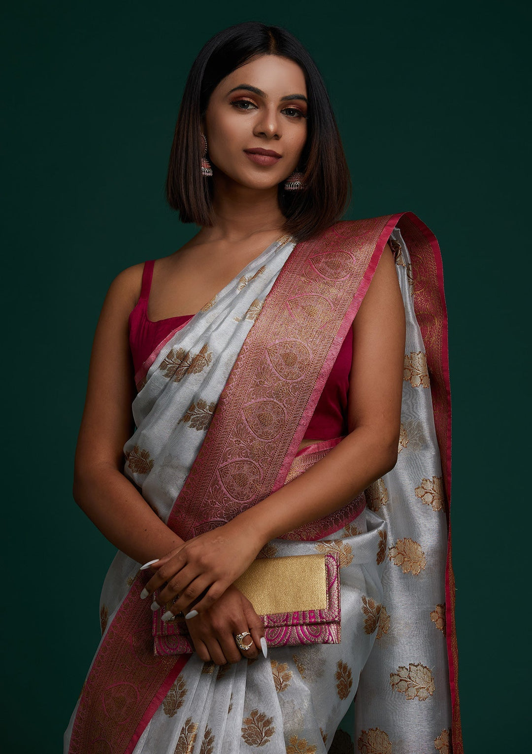 Light Grey Zariwork Tissue Saree - Koskii