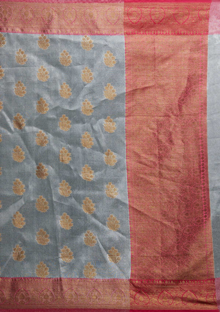 Light Grey Zariwork Tissue Saree - Koskii