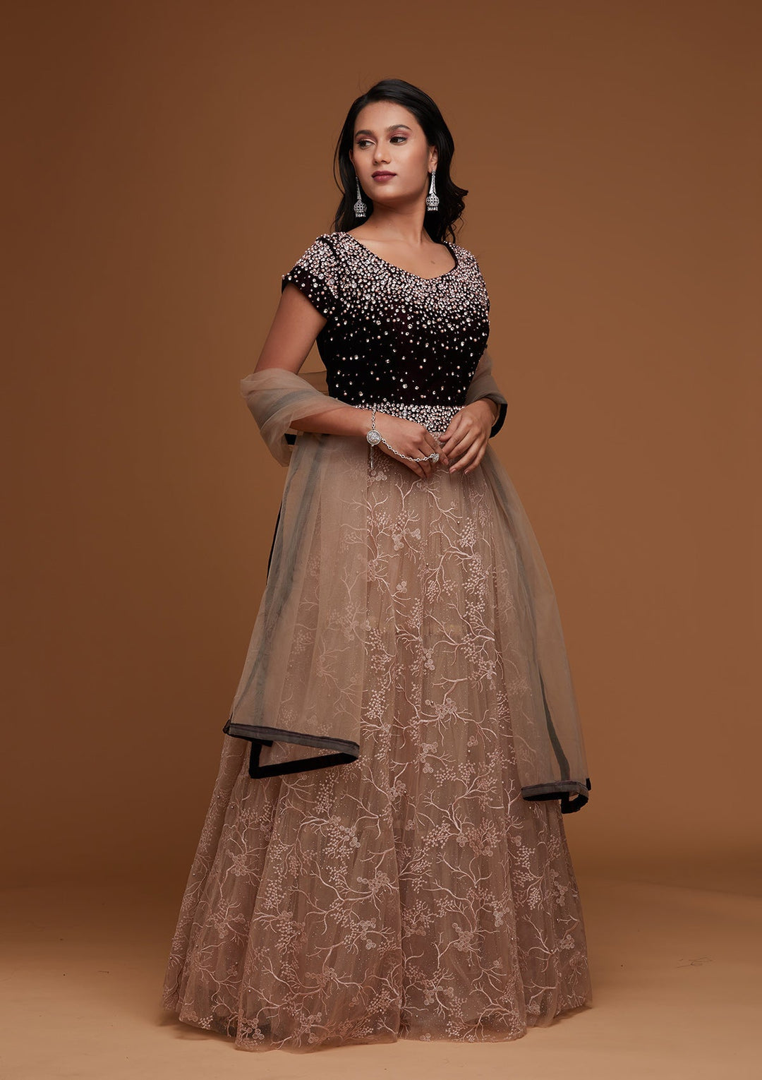 Light Lavender Stone Work Velvet Designer Gown - Koskii