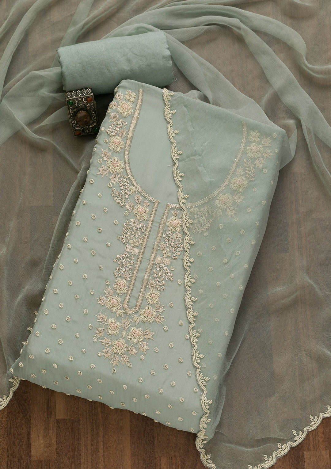 Light Grey Pearlwork Organza Unstitched Salwar Kameez-Koskii