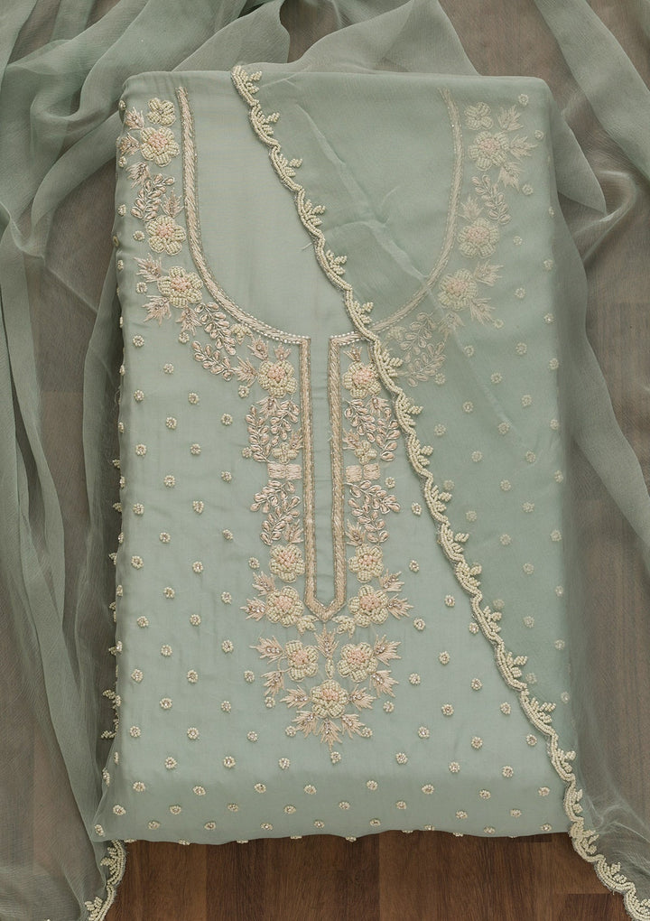 Light Grey Pearlwork Organza Unstitched Salwar Kameez-Koskii