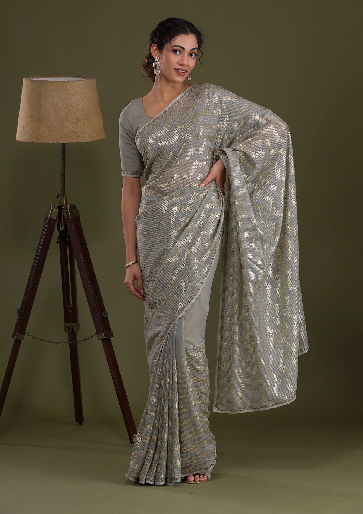 Light Grey Sequins Georgette Saree-Koskii