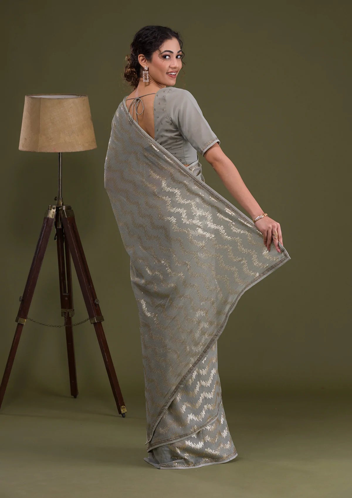 Light Grey Sequins Georgette Saree-Koskii