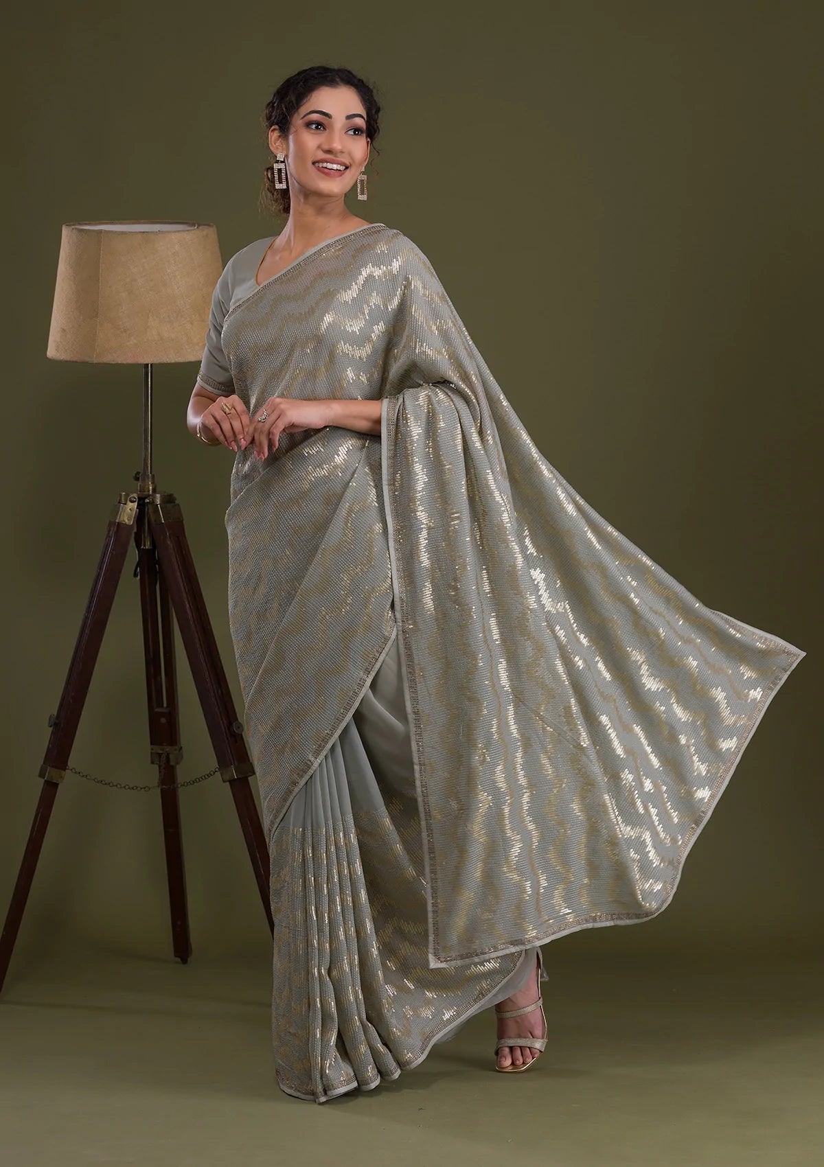 Light Grey Sequins Georgette Saree-Koskii