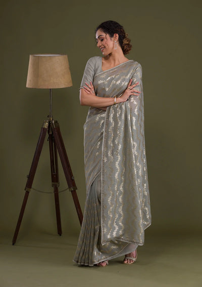 Light Grey Sequins Georgette Saree-Koskii