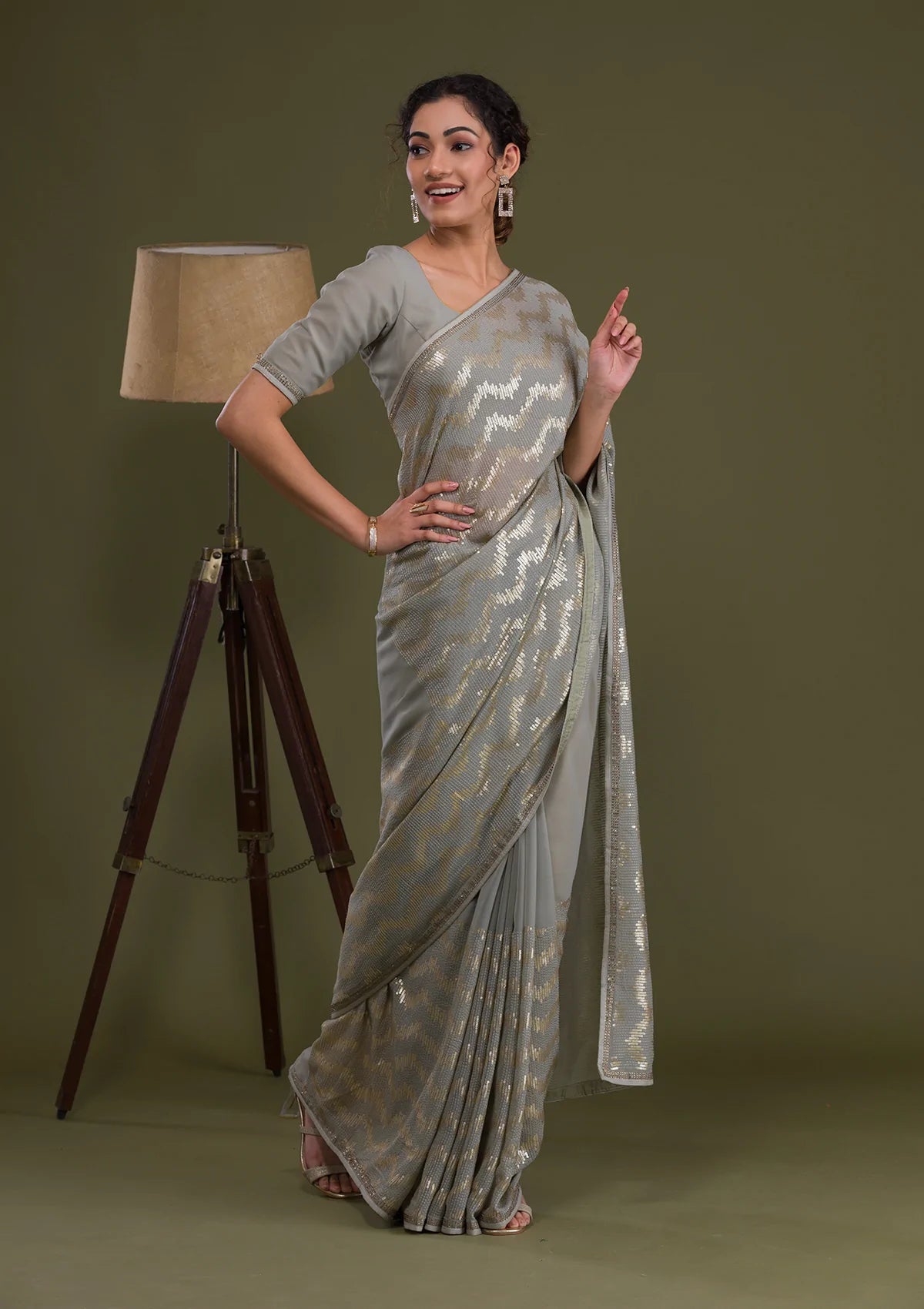 Light Grey Sequins Georgette Saree-Koskii