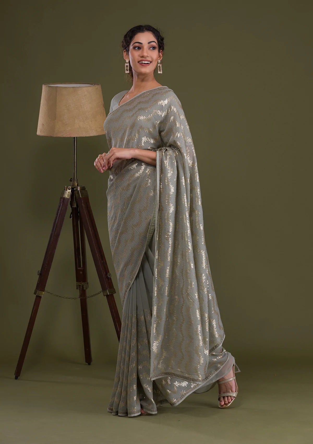 Light Grey Sequins Georgette Saree-Koskii