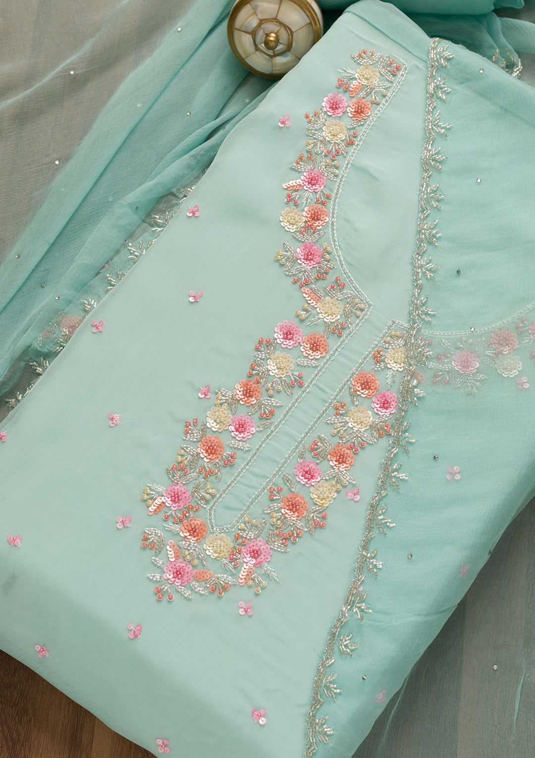 Light Blue Sequins Organza Unstitched Salwar Kameez-Koskii