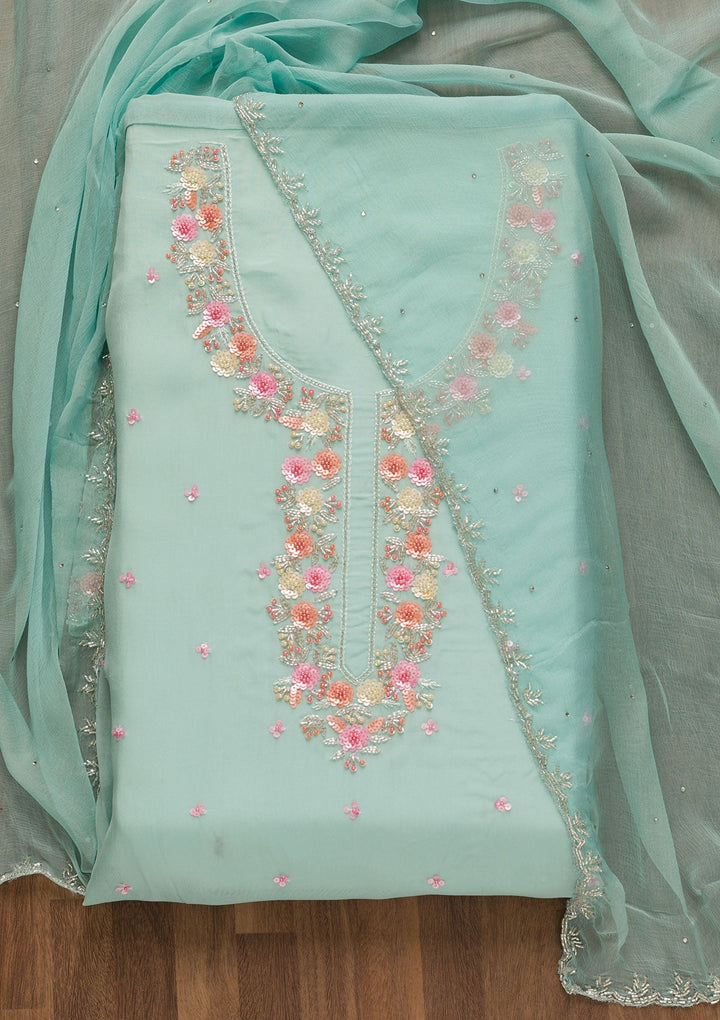 Light Blue Sequins Organza Unstitched Salwar Kameez-Koskii