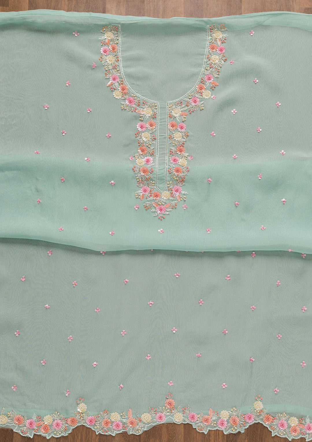 Light Blue Sequins Organza Unstitched Salwar Kameez-Koskii