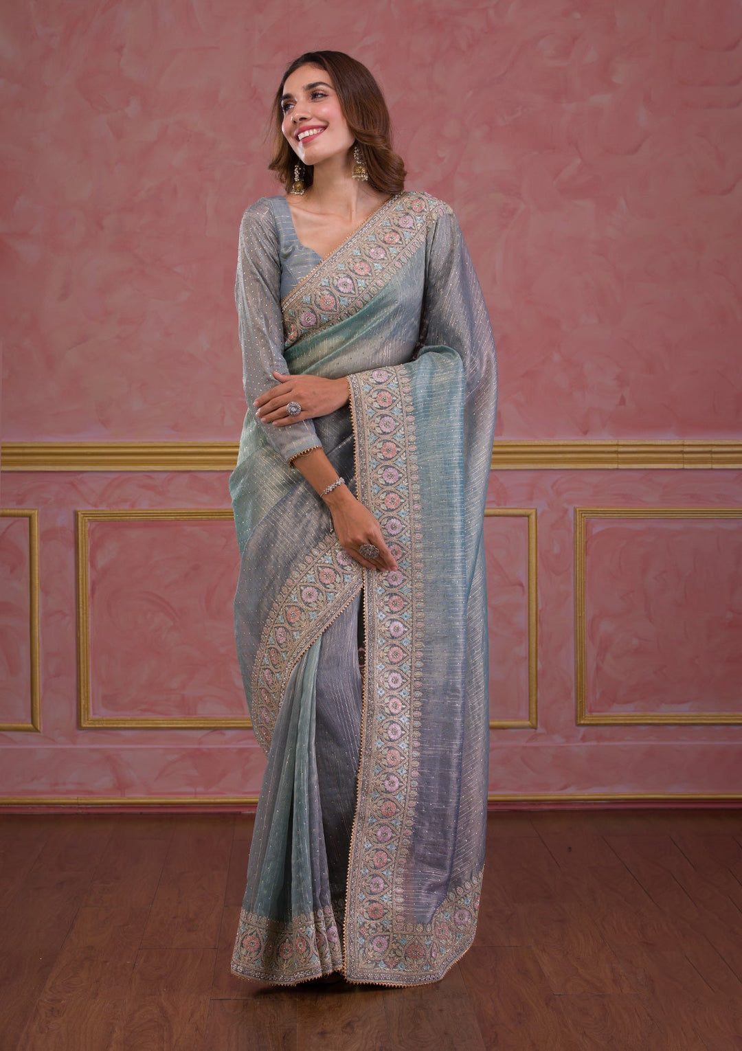 Light Grey Stonework Shimmer Saree-Koskii