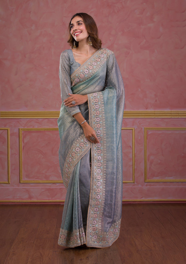 Light Grey Stonework Shimmer Saree-Koskii
