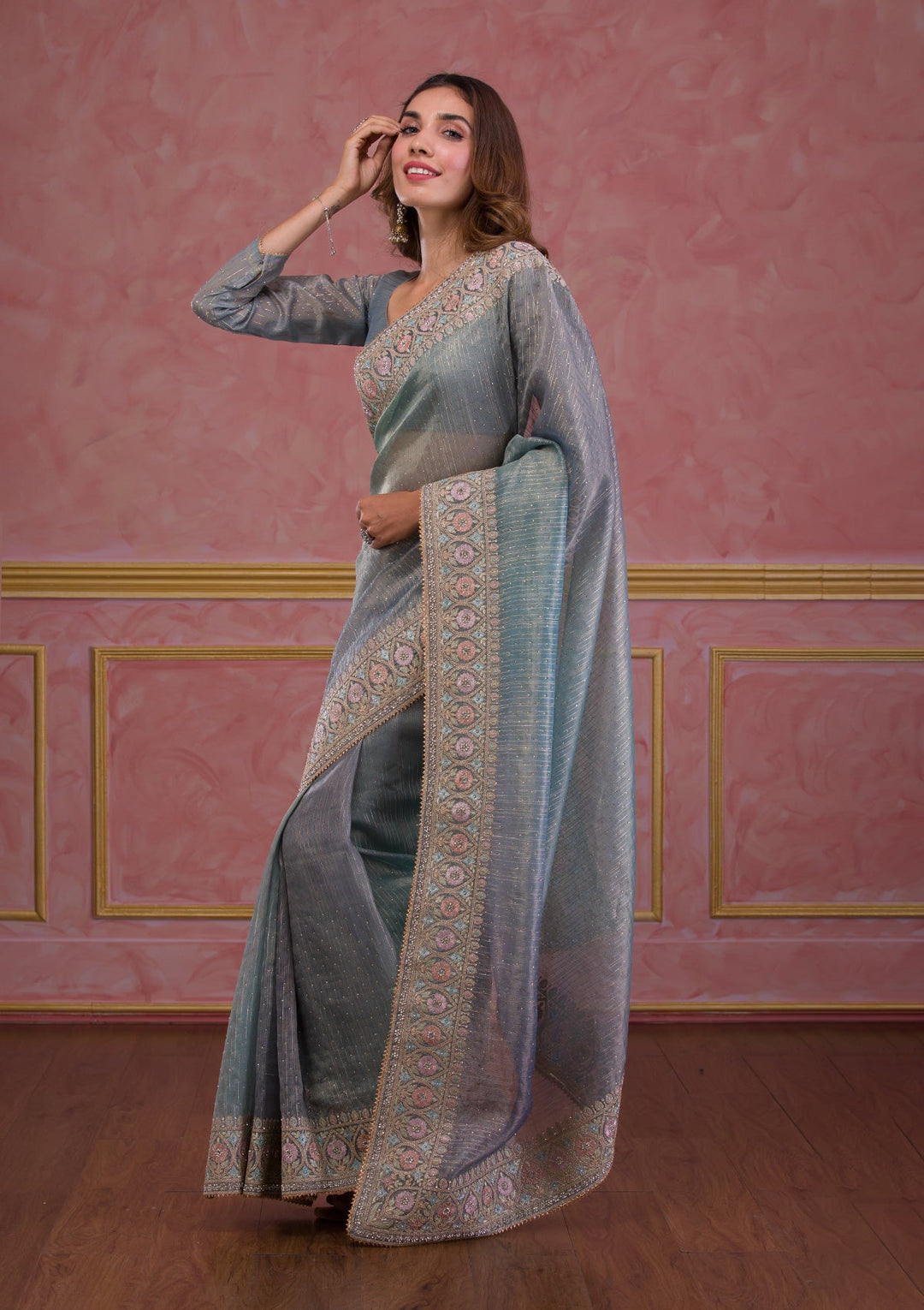 Light Grey Stonework Shimmer Saree-Koskii