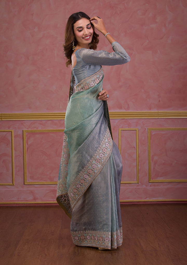 Light Grey Stonework Shimmer Saree-Koskii