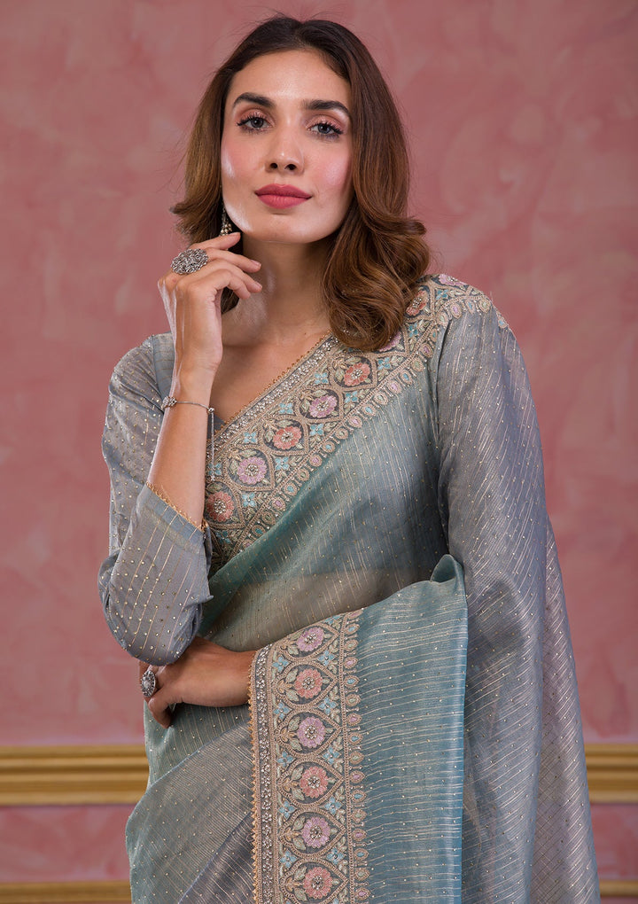 Light Grey Stonework Shimmer Saree-Koskii