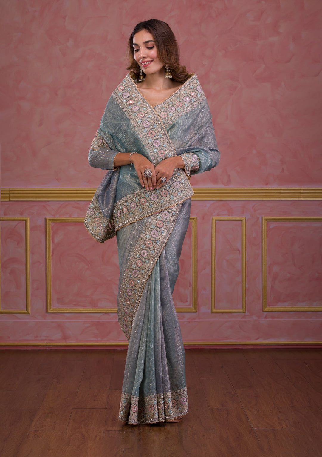 Light Grey Stonework Shimmer Saree-Koskii