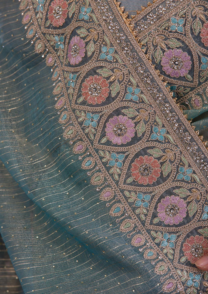 Light Grey Stonework Shimmer Saree-Koskii