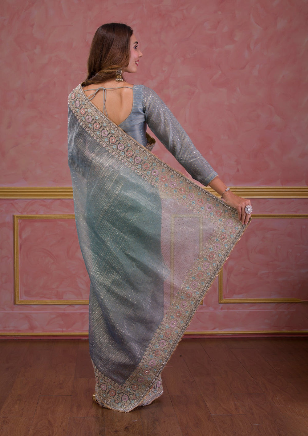 Light Grey Stonework Shimmer Saree-Koskii
