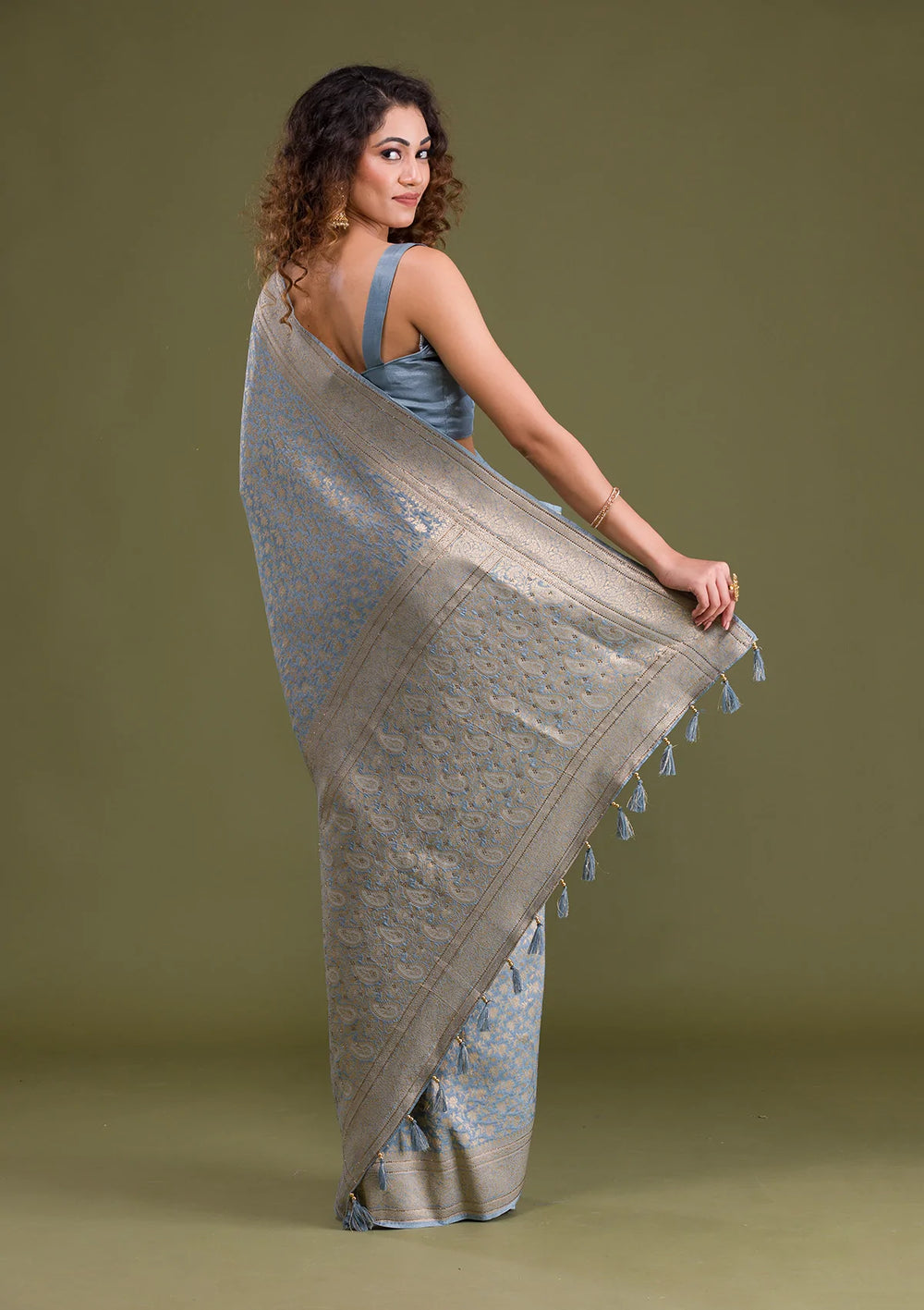 Light Grey Zariwork Brocade Saree-Koskii