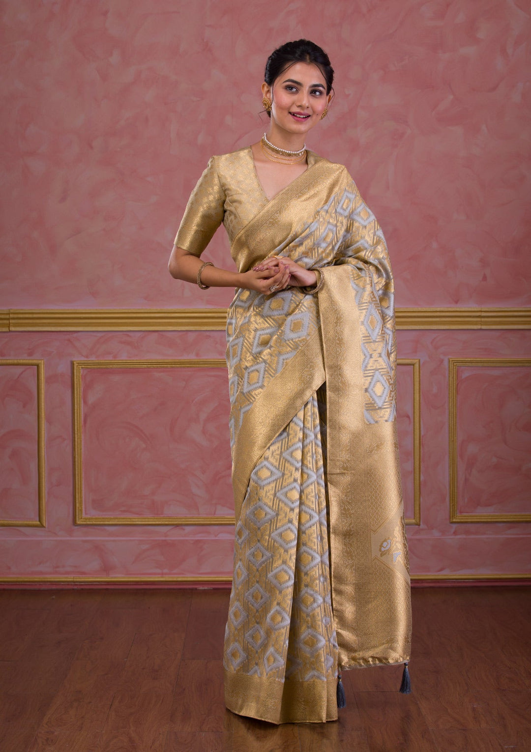 Light Grey Zariwork Brocade Saree-Koskii