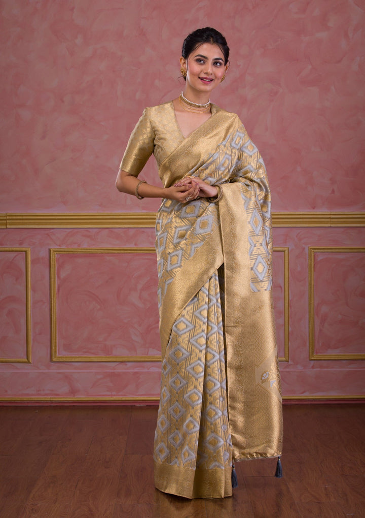 Light Grey Zariwork Brocade Saree-Koskii