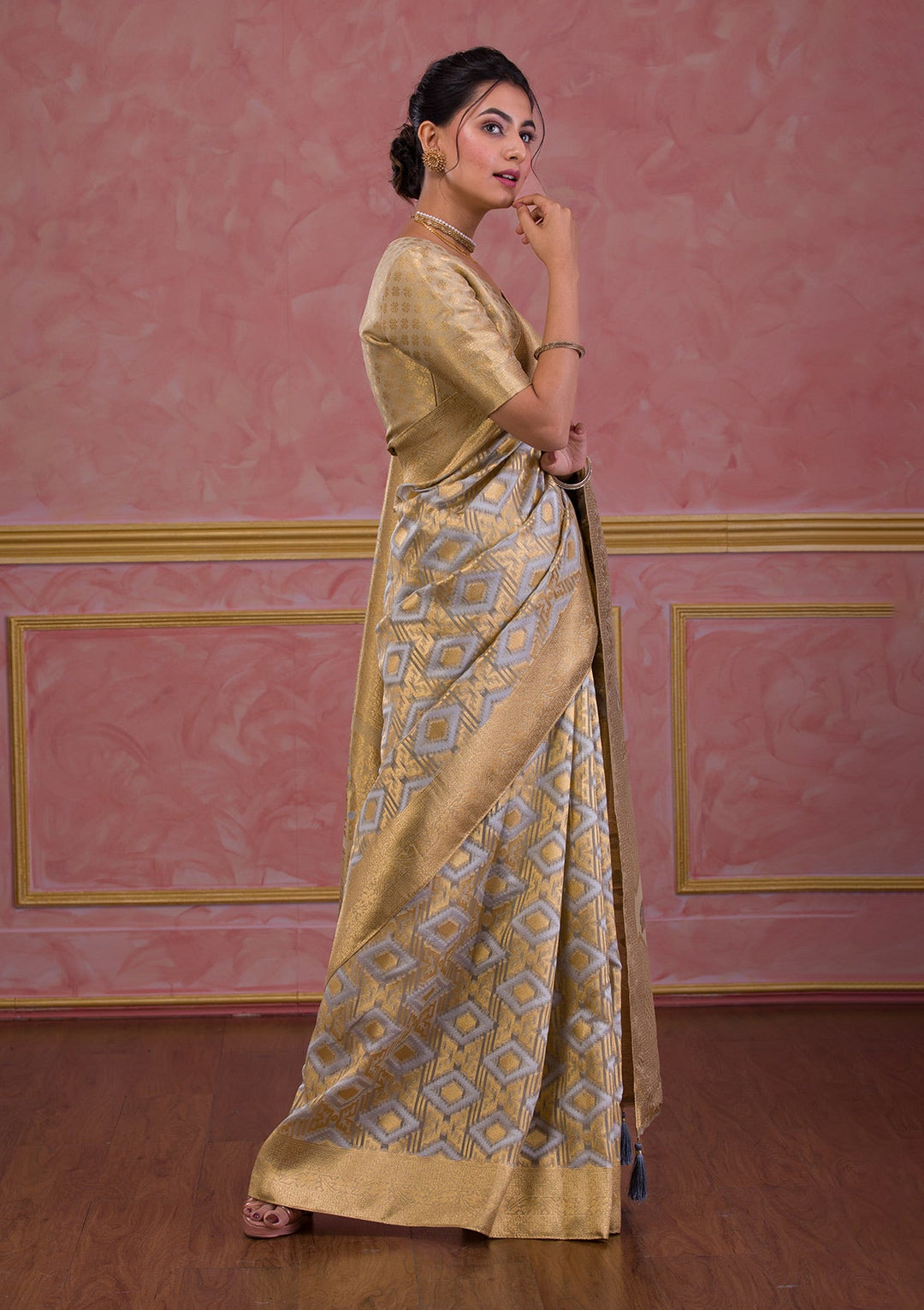 Light Grey Zariwork Brocade Saree-Koskii