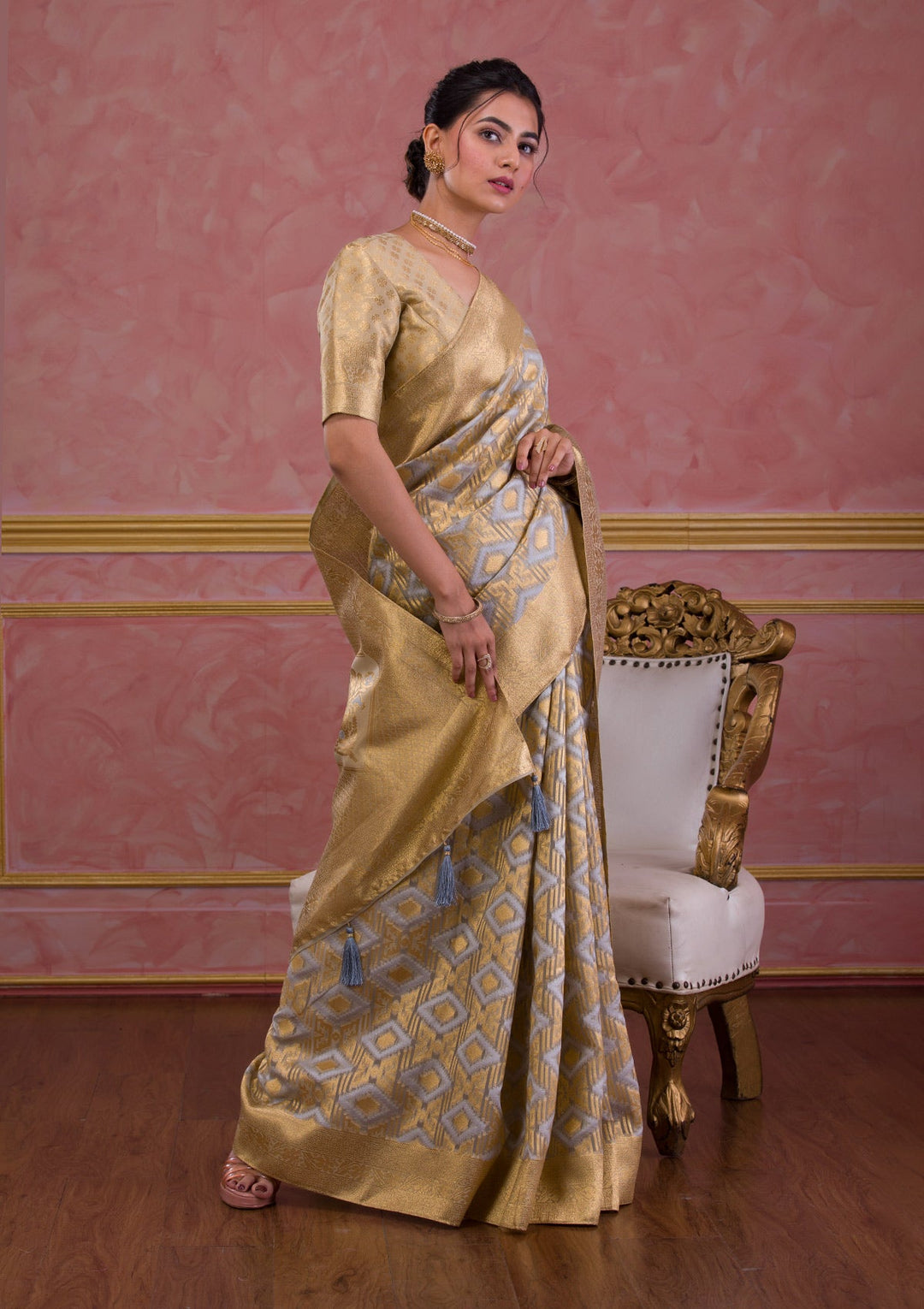 Light Grey Zariwork Brocade Saree-Koskii