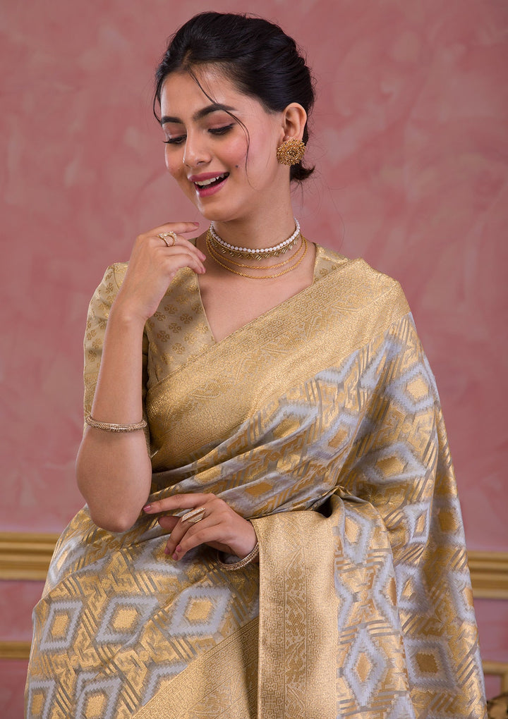 Light Grey Zariwork Brocade Saree-Koskii