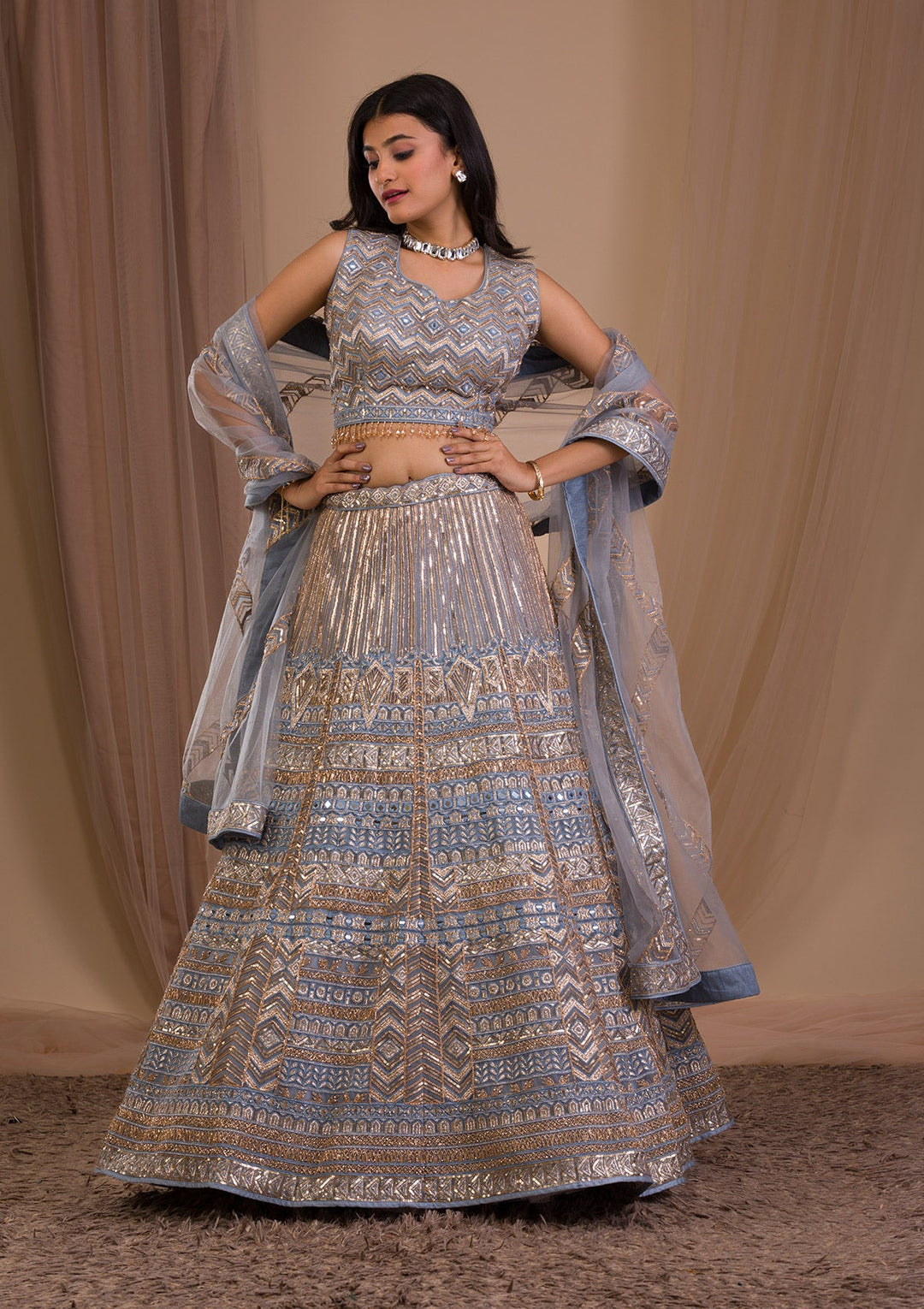 Light Grey Zariwork Net Readymade Lehenga-Koskii