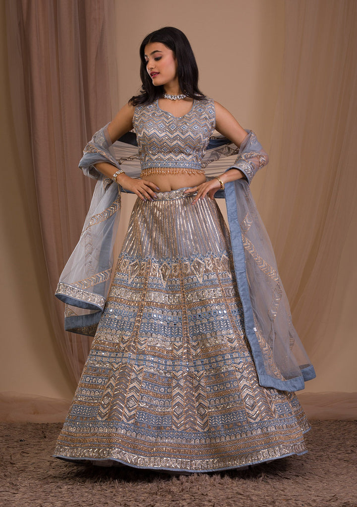 Light Grey Zariwork Net Readymade Lehenga-Koskii
