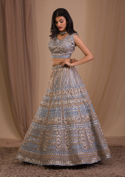 Light Grey Zariwork Net Readymade Lehenga-Koskii