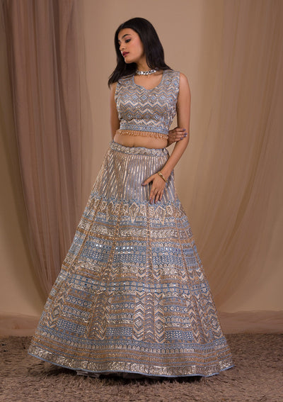 Light Grey Zariwork Net Readymade Lehenga-Koskii