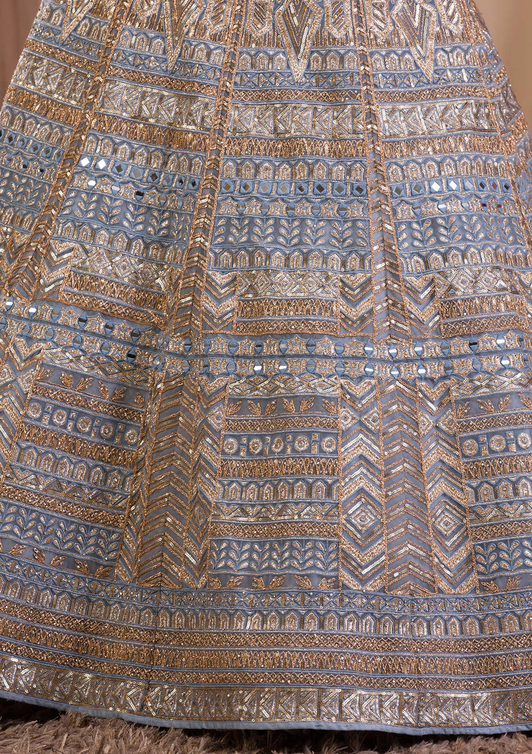 Light Grey Zariwork Net Readymade Lehenga-Koskii