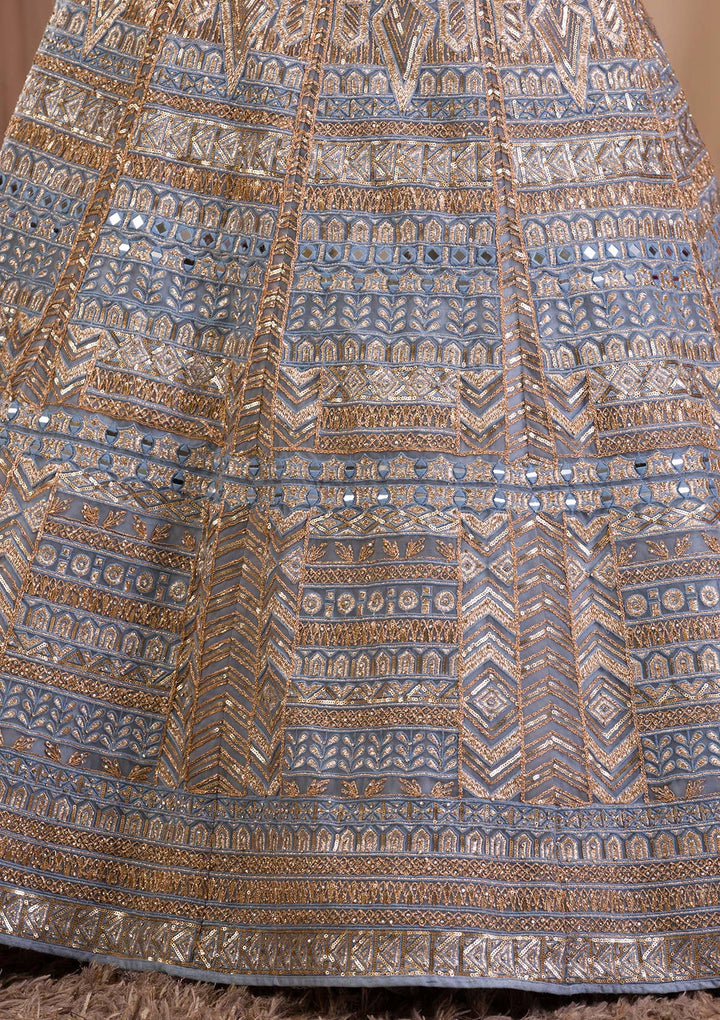 Light Grey Zariwork Net Readymade Lehenga-Koskii