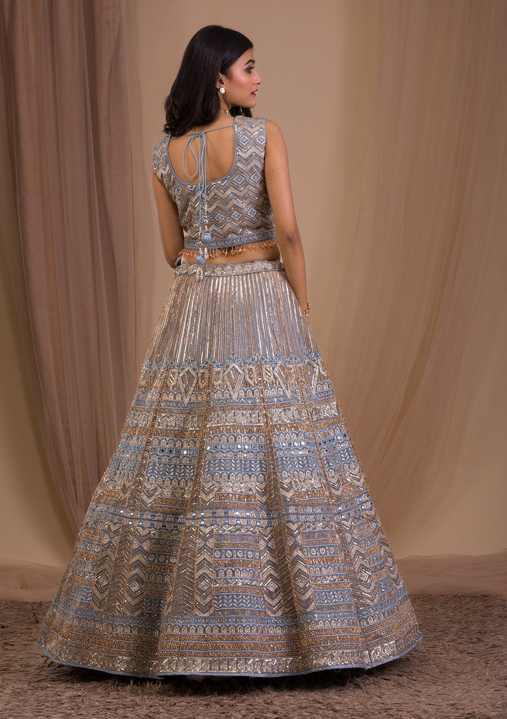 Light Grey Zariwork Net Readymade Lehenga-Koskii