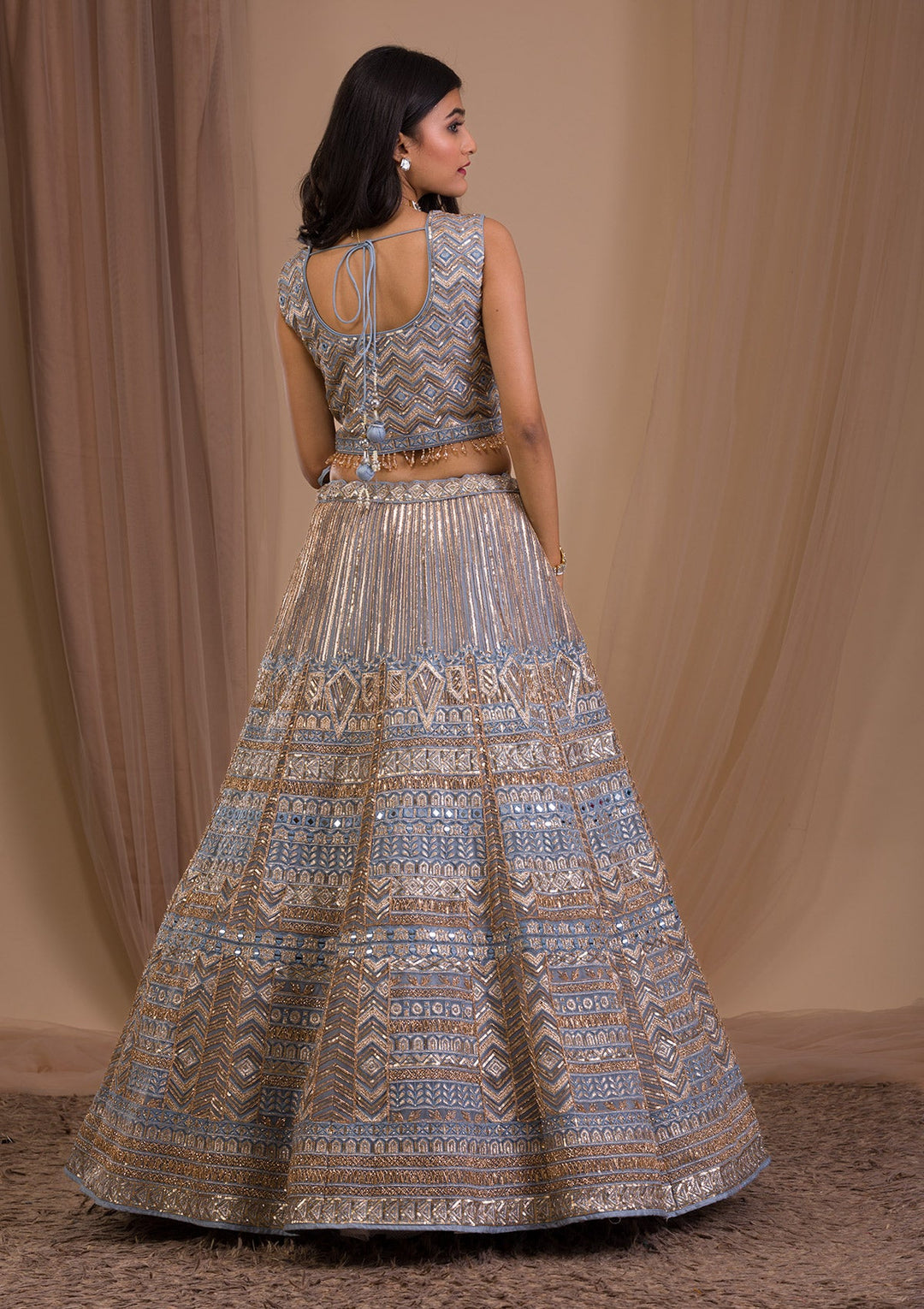 Light Grey Zariwork Net Readymade Lehenga-Koskii