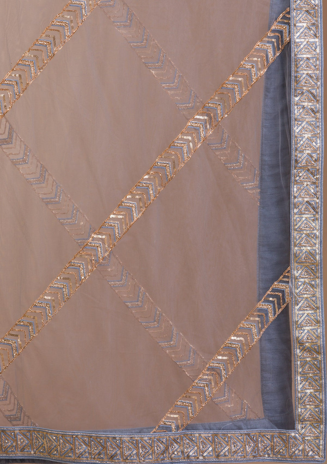 Light Grey Zariwork Net Readymade Lehenga-Koskii