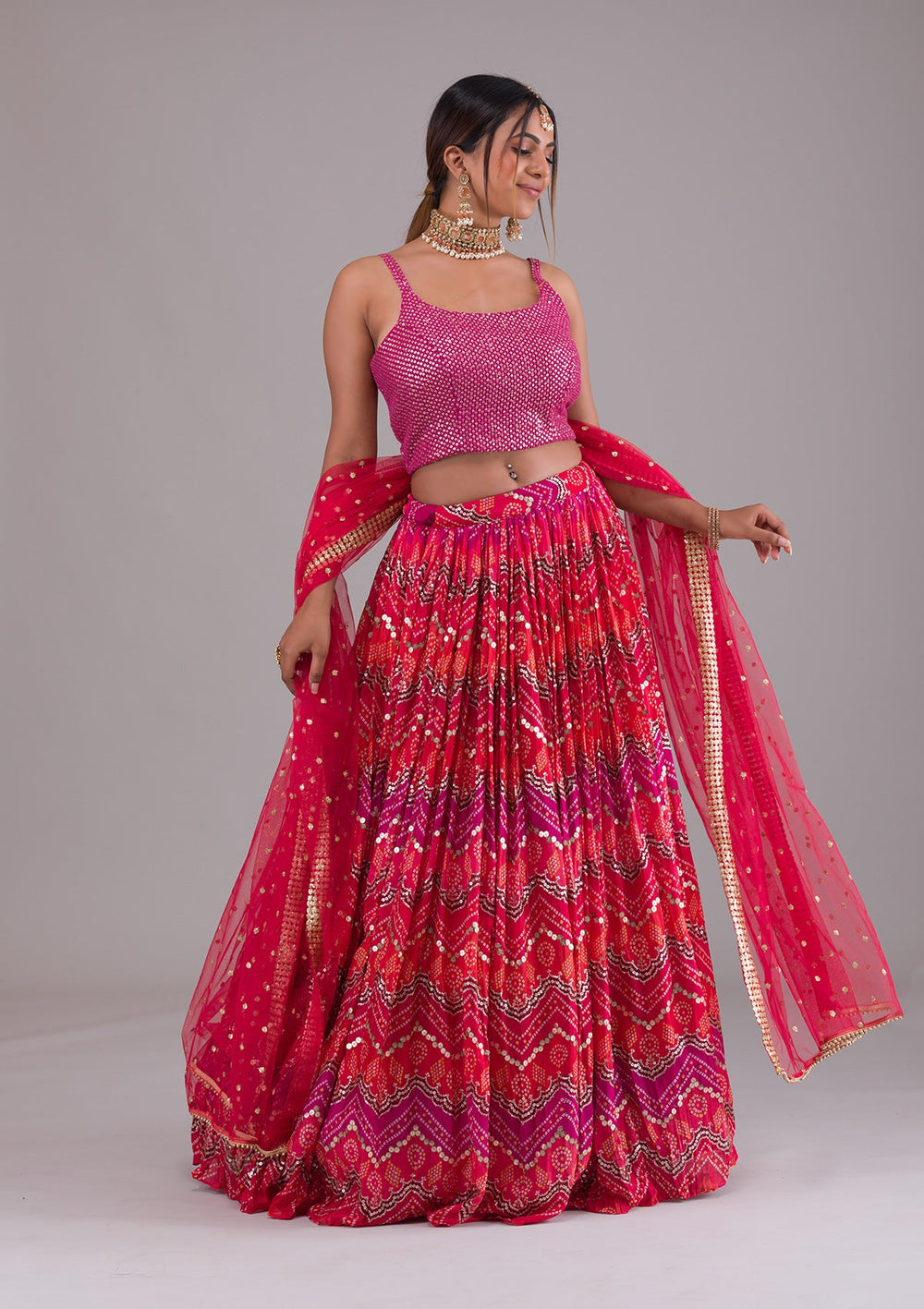Magenta Pink Sequins Georgette Lehenga-Koskii