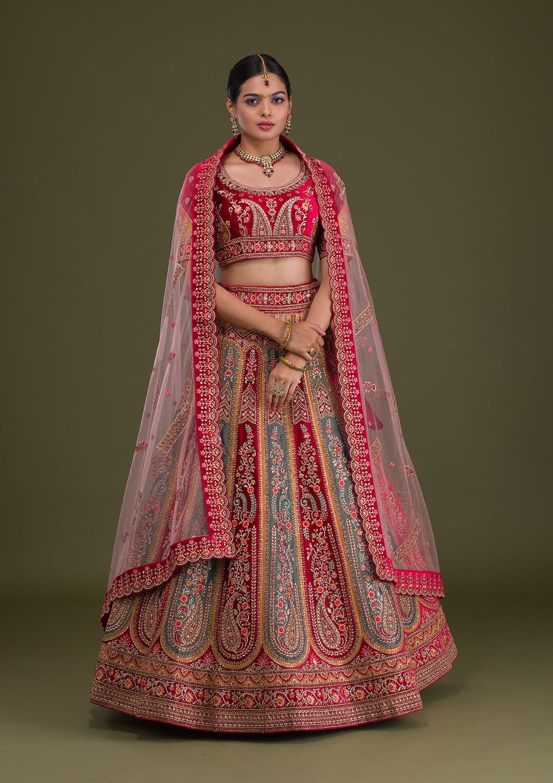 Magenta Pink Stonework Velvet Semi-Stitched Lehenga-Koskii